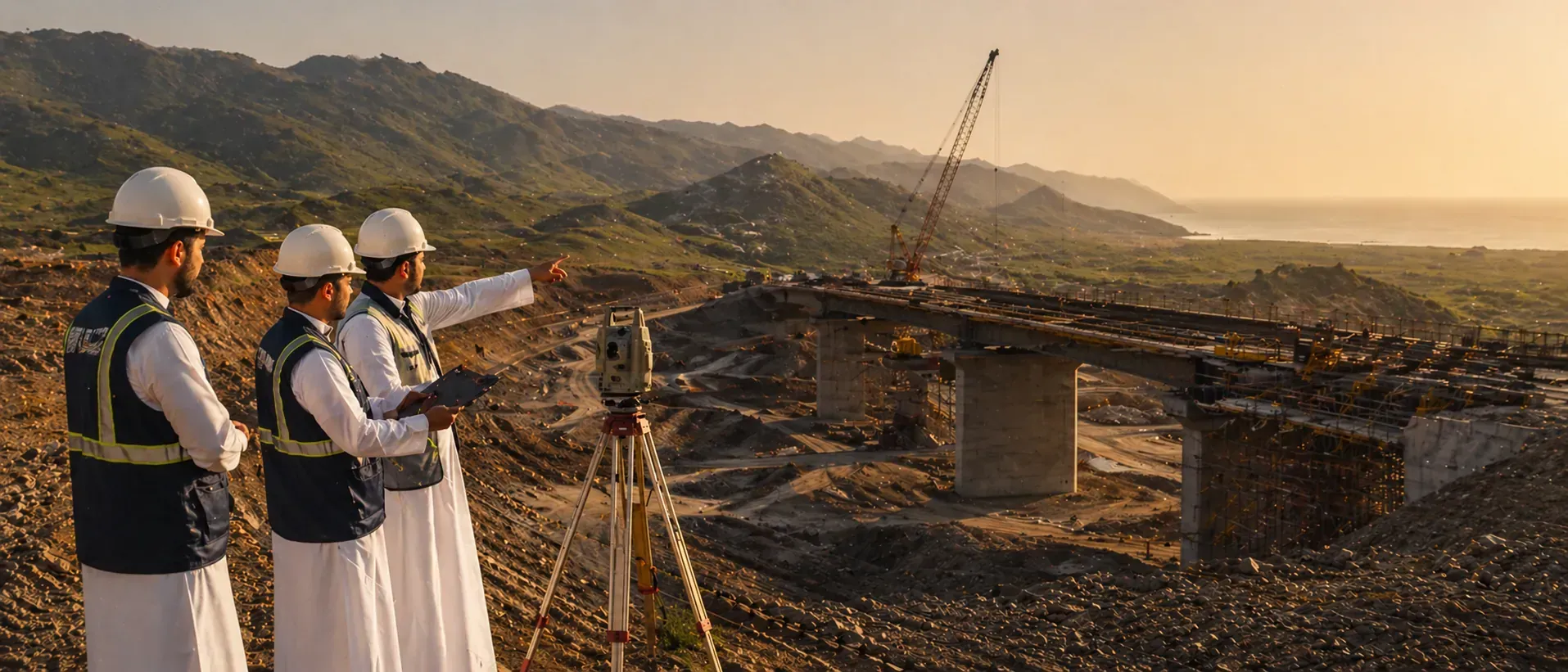 فريق هندسي في موقع مشروع بنية تحتية في ظفار عند الغروب